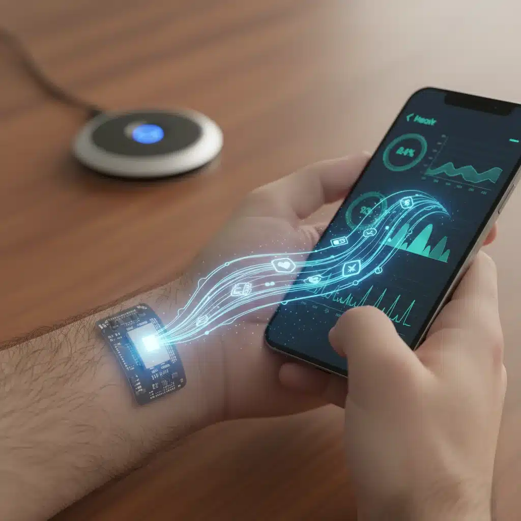 Close-up of a wearable biometric sensor transmitting health data wirelessly.