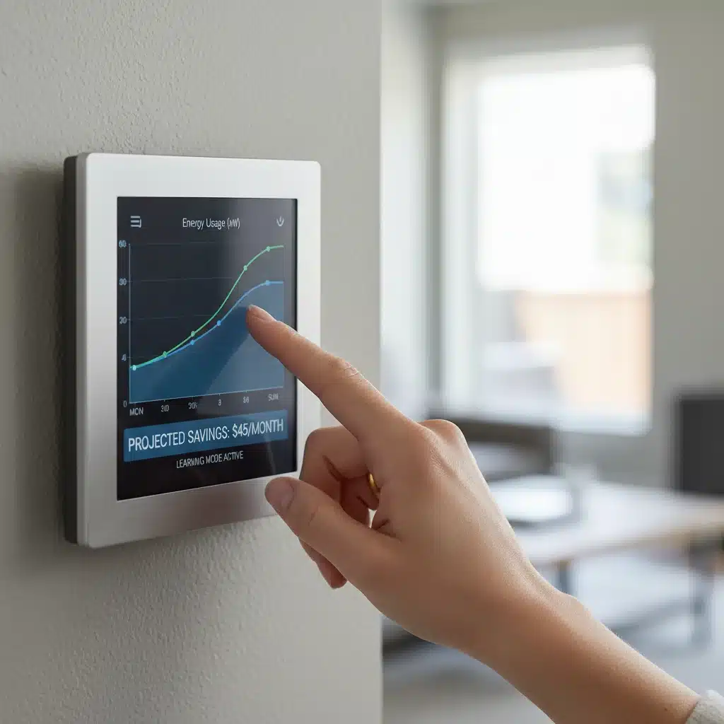 Hand adjusting smart thermostat showing energy usage graphs