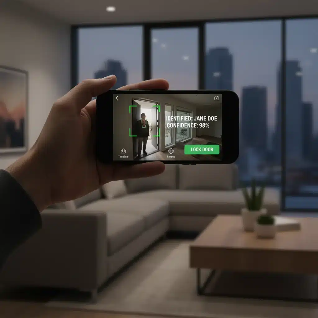 Smartphone app showing AI facial recognition from a security camera.