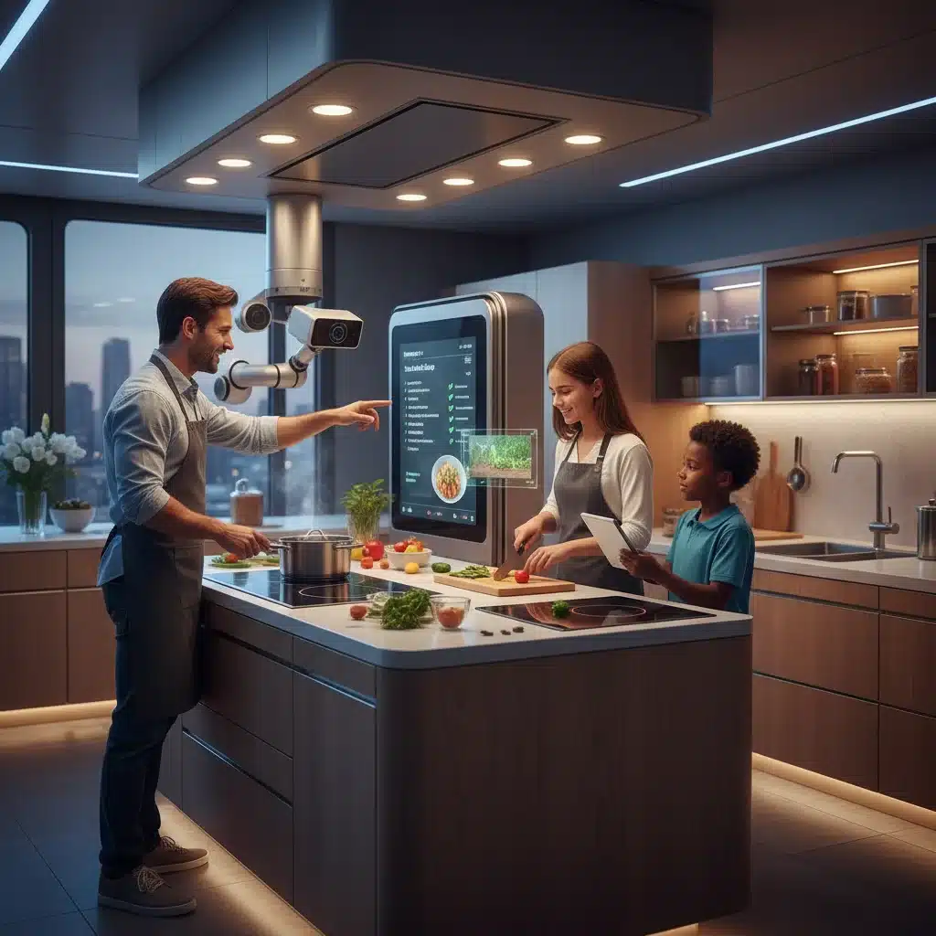 Family in AI-powered smart kitchen with integrated appliances