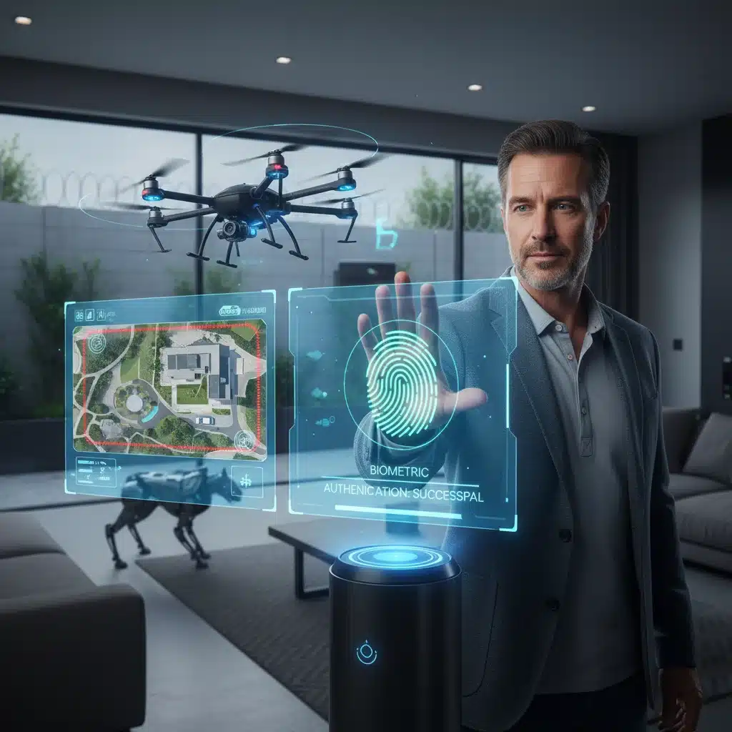 Homeowner using holographic interface for biometric security and drone surveillance