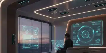 Futuristic smart home with AI surveillance cameras and digital security interface.