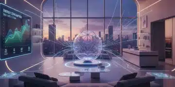 Futuristic smart home interior with AI hub and energy display