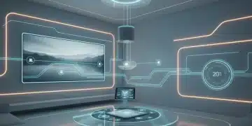 Futuristic smart home living room with interconnected devices and seamless network