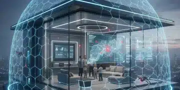 Futuristic smart home with glowing security shields and digital threat detection interfaces