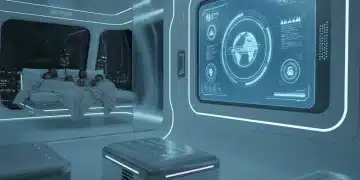Futuristic smart home interior with integrated security sensors and holographic display for advanced home protection.