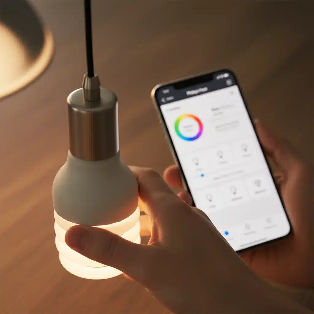 Hand installing a smart light bulb with app control on phone