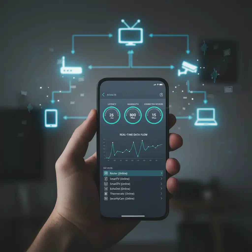 Smartphone displaying network diagnostic app with real-time latency and bandwidth data
