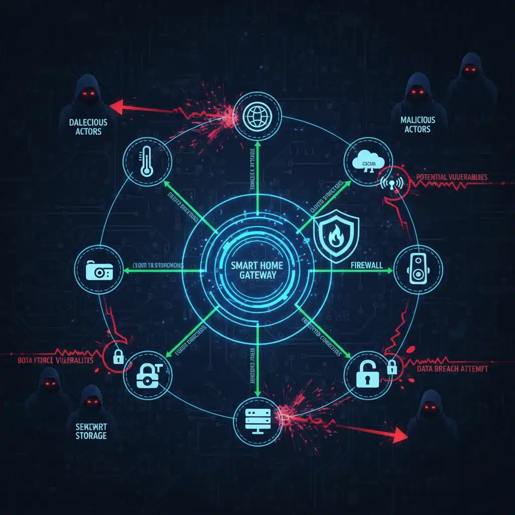 Complex network diagram of smart home devices showing cybersecurity vulnerabilities