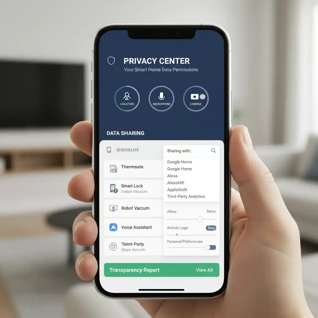 Smartphone displaying smart home privacy dashboard