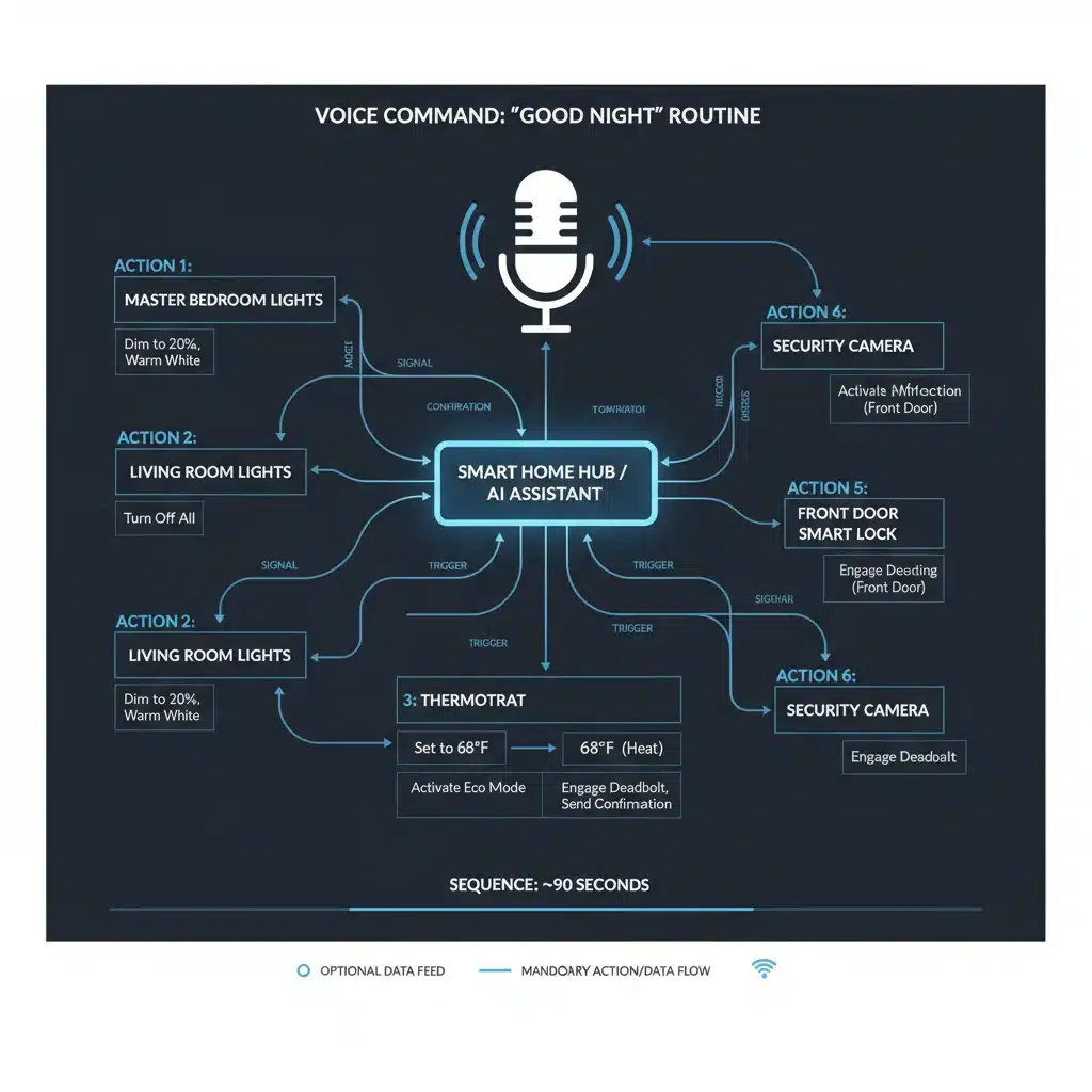 Diagram of complex smart home automation routine triggered by voice