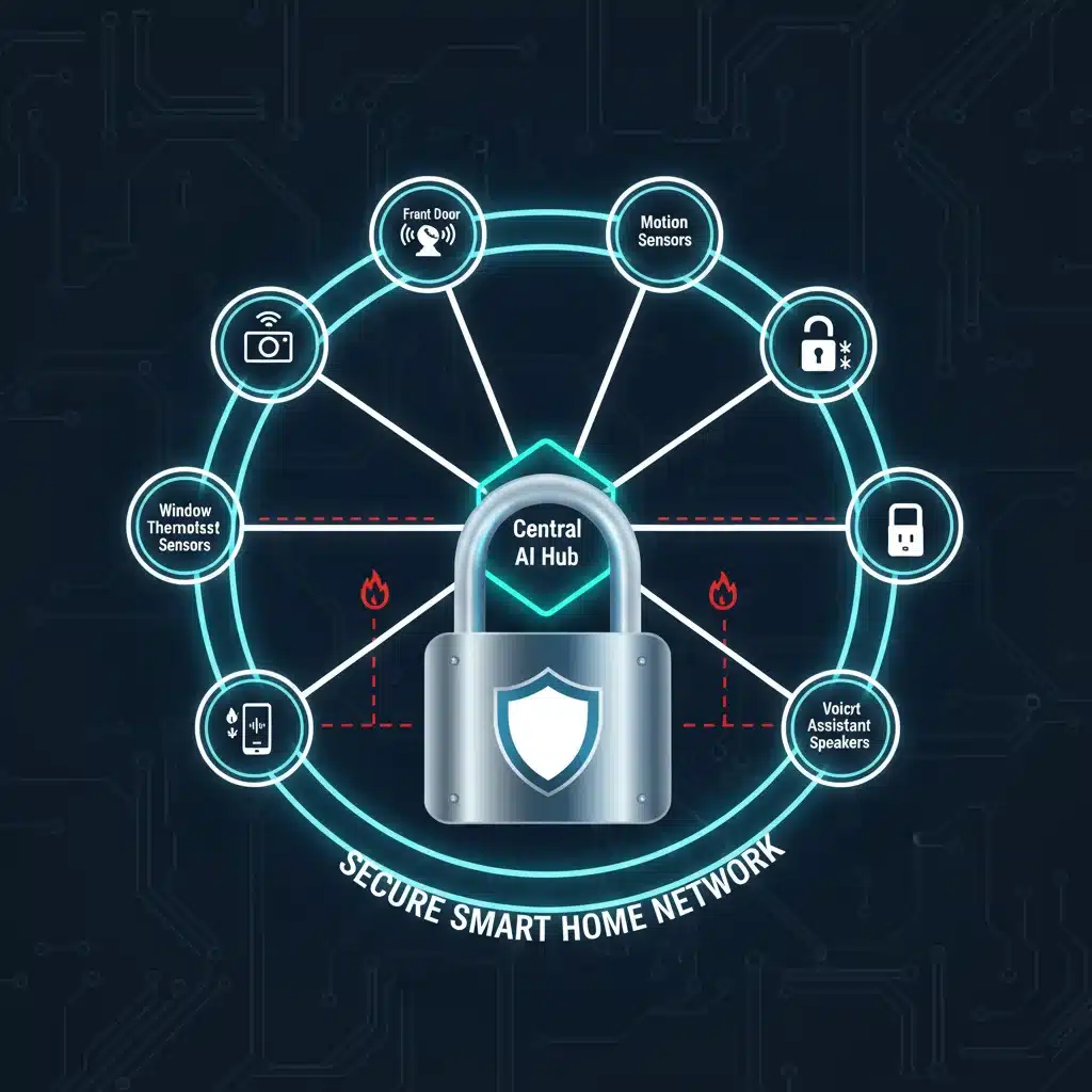 Smart home network diagram with AI cameras and cybersecurity features.