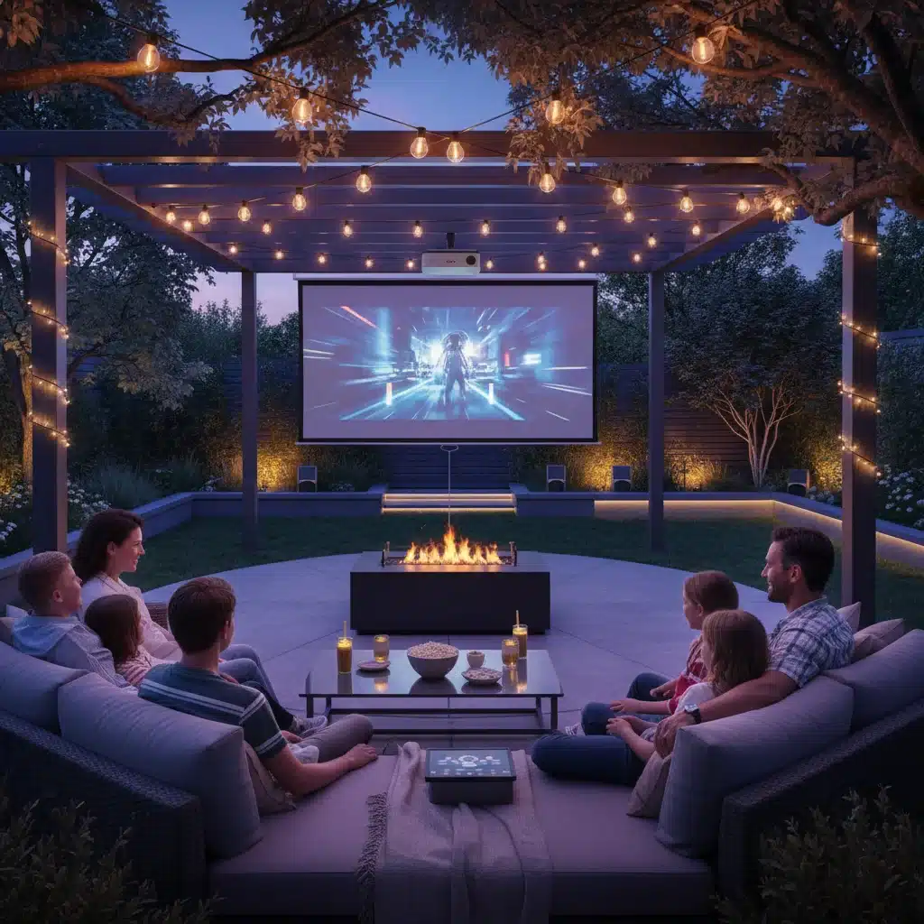 Family enjoying smart outdoor entertainment with integrated lighting and projection