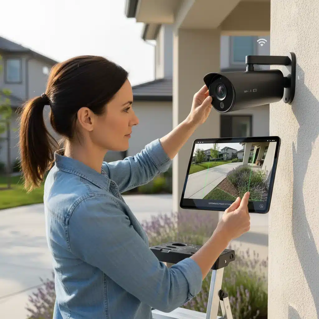 Homeowner adjusting a smart security camera, checking its live feed on a tablet for optimal view.