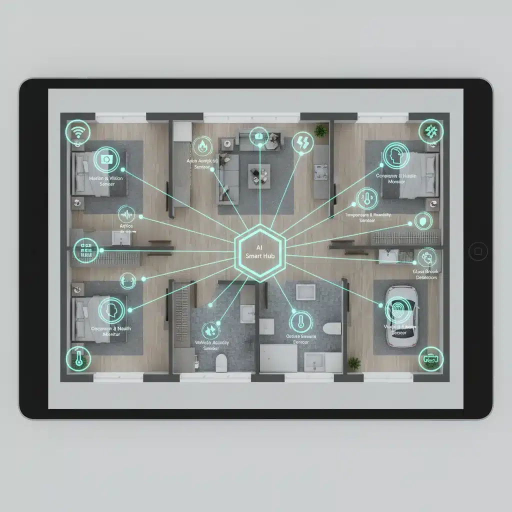 Digital floor plan illustrating strategic placement of advanced smart sensors for optimal home security coverage.
