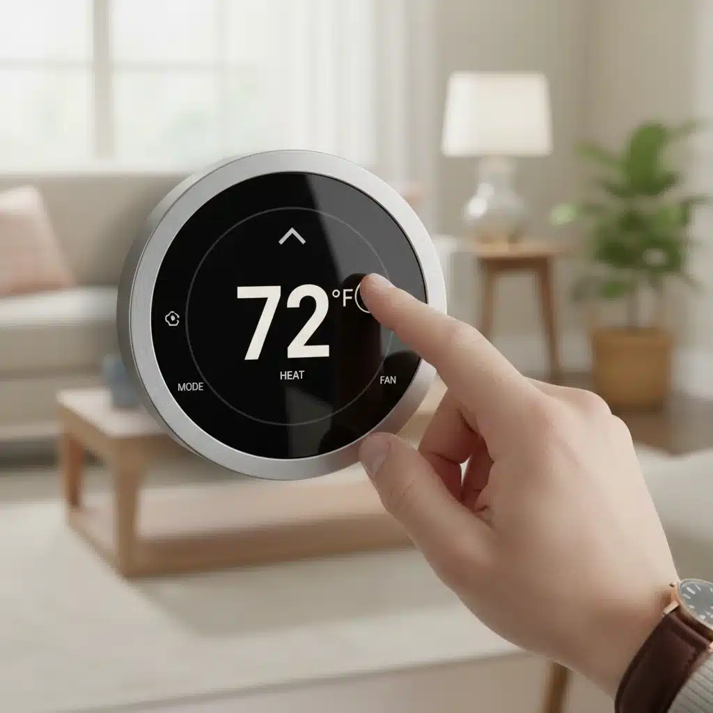 Smart thermostat display showing optimal temperature settings, being adjusted by a user's hand.