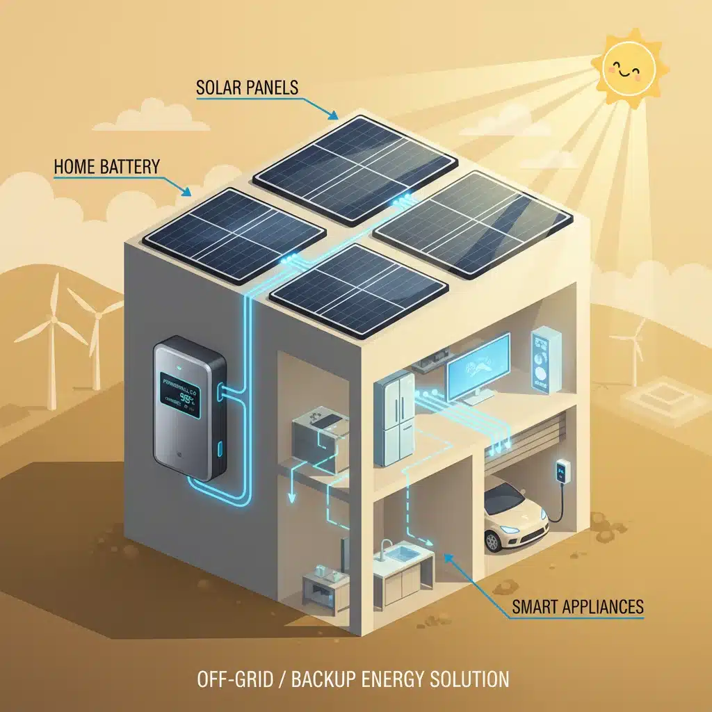 Residential solar panels and home battery storage integrating with smart home systems