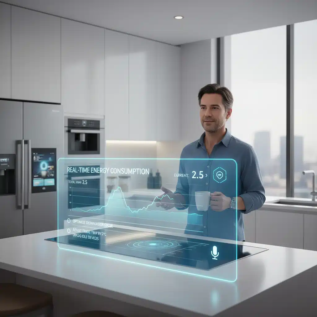 Person using voice commands to monitor and manage smart home energy consumption on a display