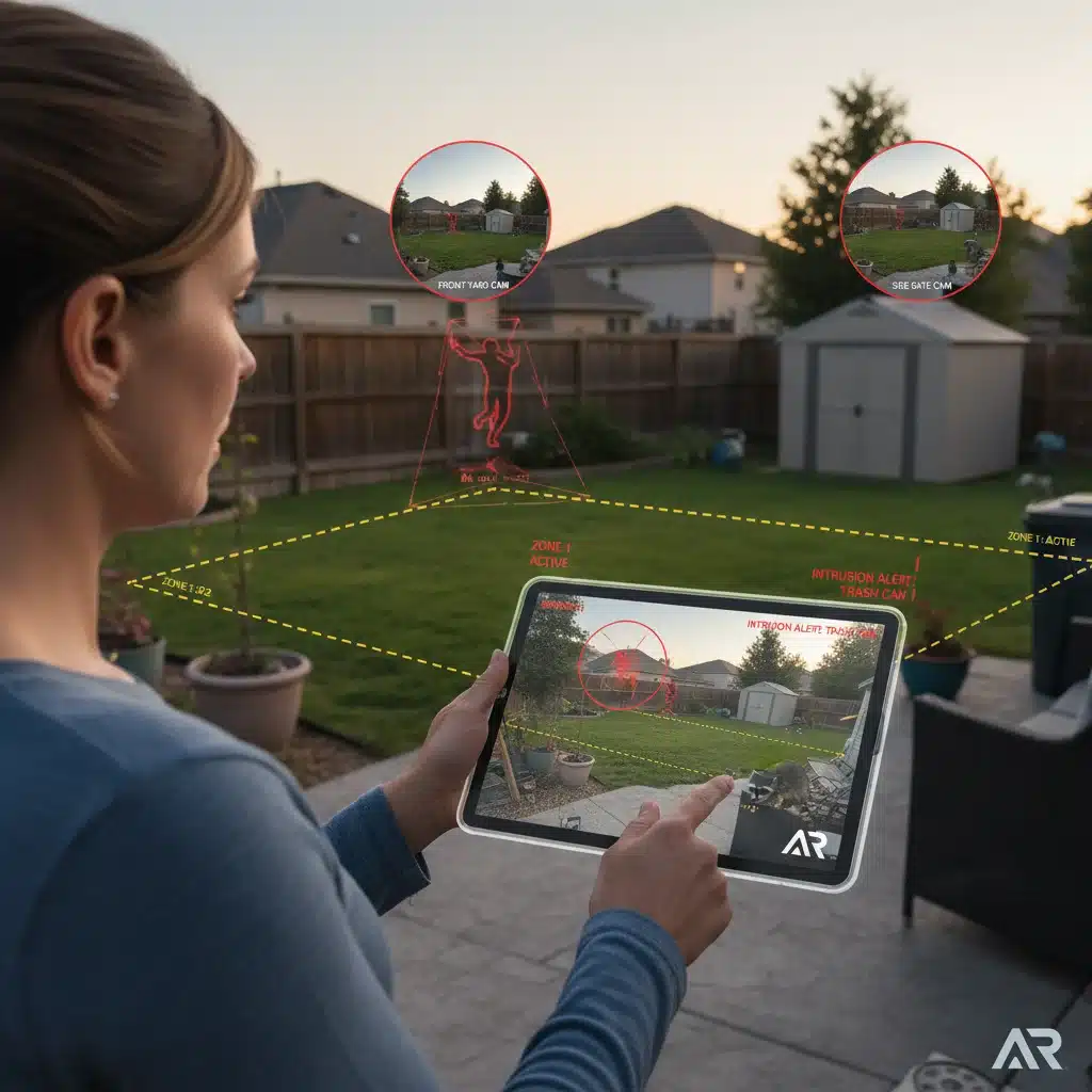 Augmented reality security system overlay showing real-time threat detection in a backyard.