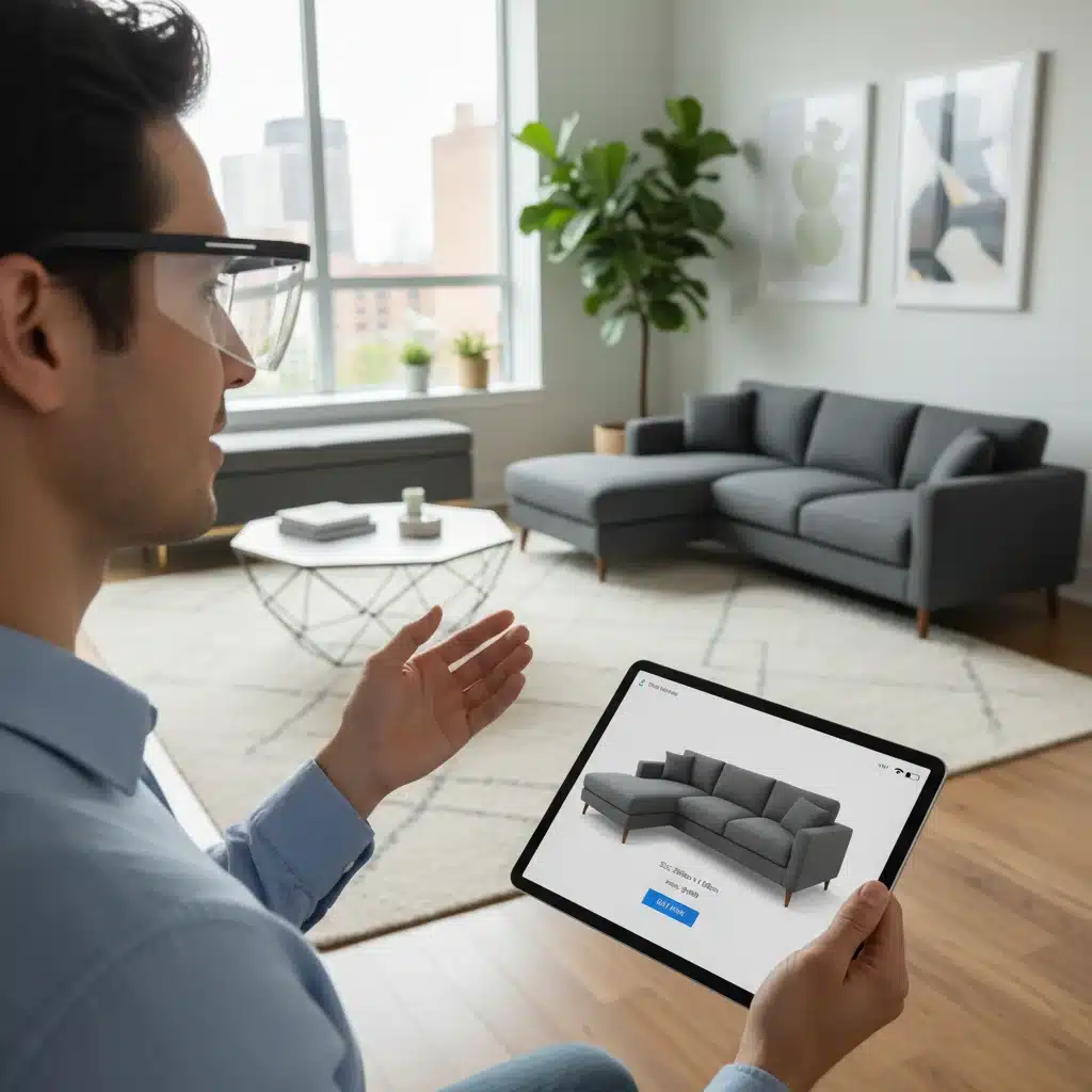 User trying virtual furniture placement with augmented reality glasses in their home.