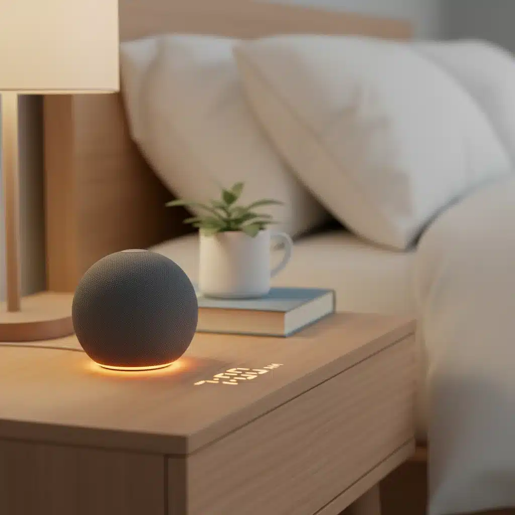 Compact smart speaker on a bedside table, illustrating small form factor and integration.