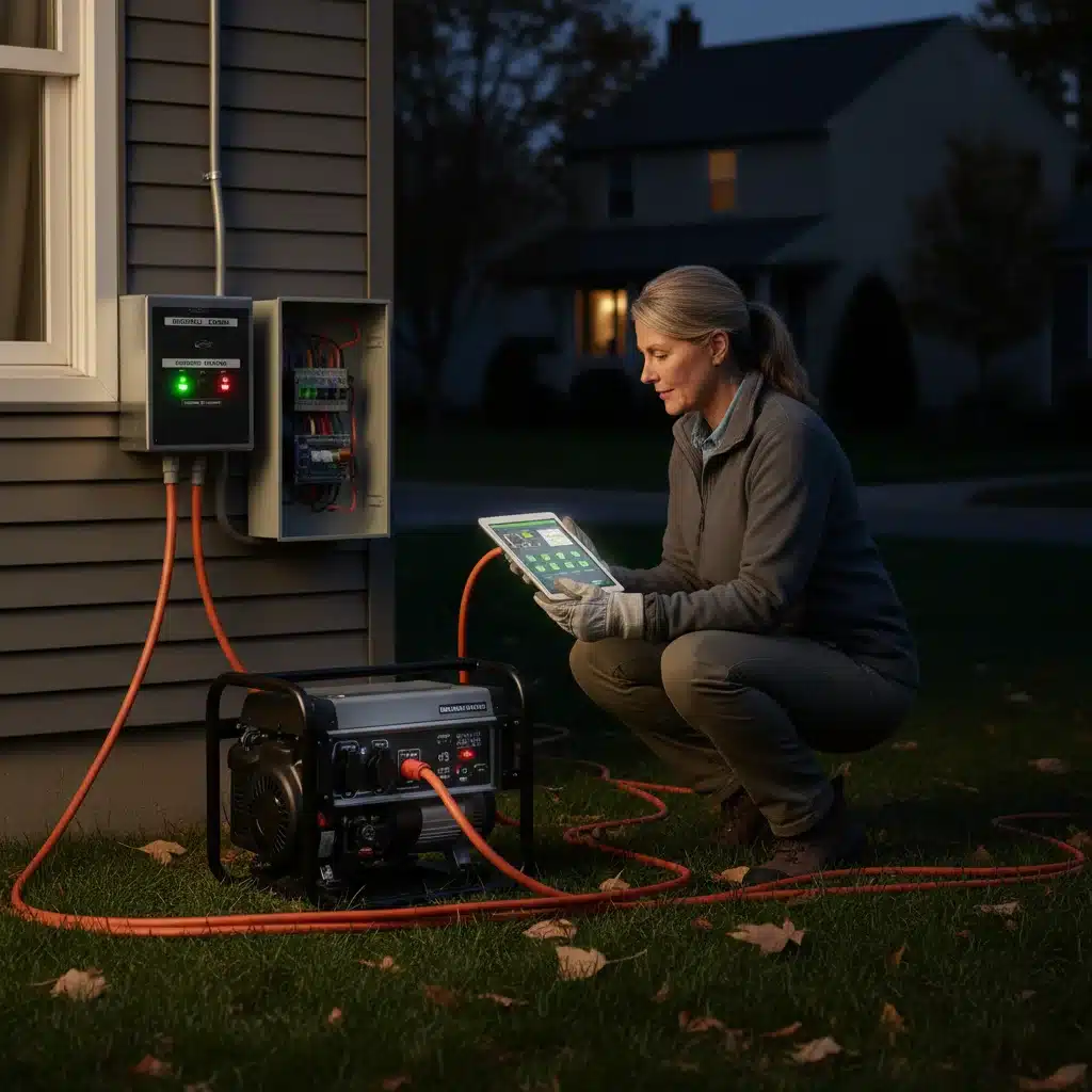 Homeowner checking portable generator connected to smart home during power outage.