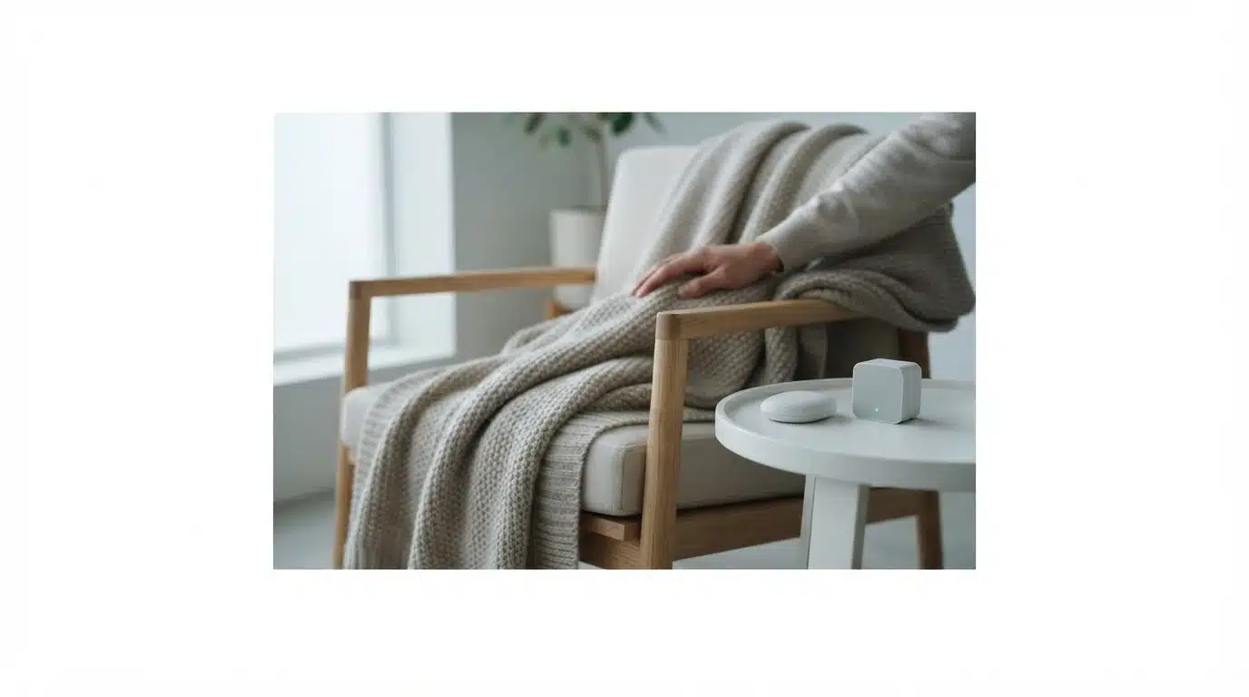 Matter-compatible fall detection sensor and air quality monitor on a ceramic side table next to an armchair, symbolizing proactive personal safety and wellness within a home.