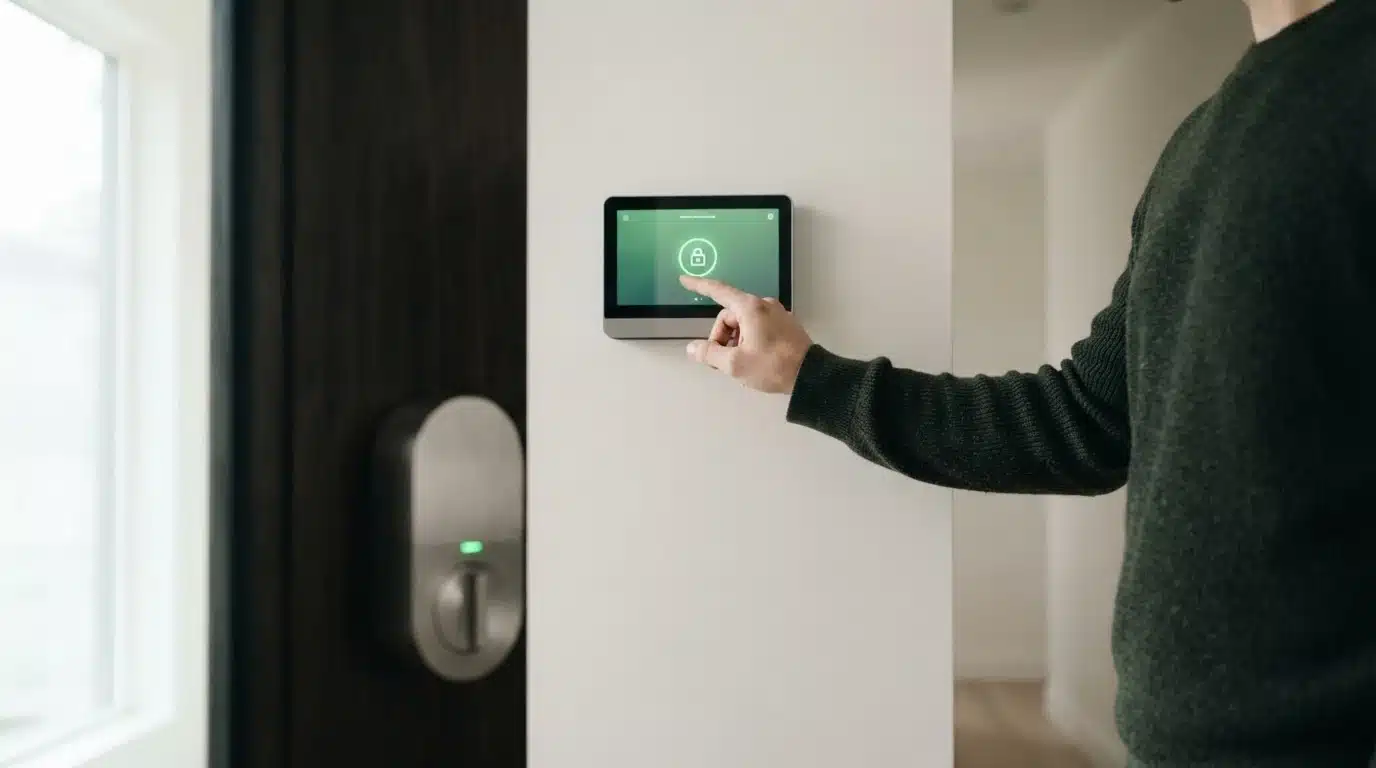 A person interacting with a wall-mounted Matter-compatible alarm panel, with a smart lock visible on a dark wooden door in the foreground, demonstrating unified home security.