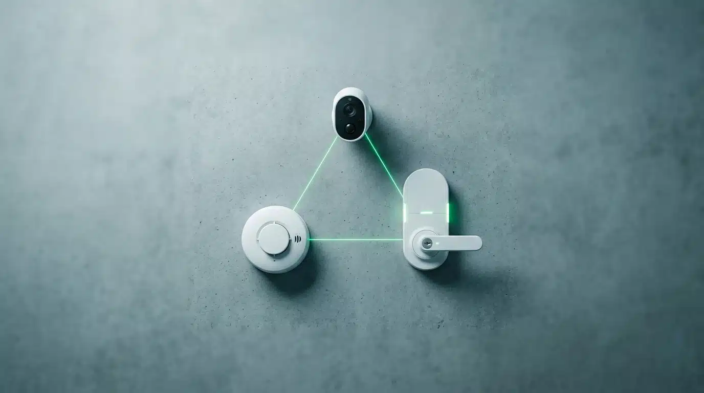 A minimalist arrangement of Matter-compatible smart home devices, including a smoke detector, smart lock, and security camera, interconnected by glowing green lines, symbolizing unified communication for home safety.
