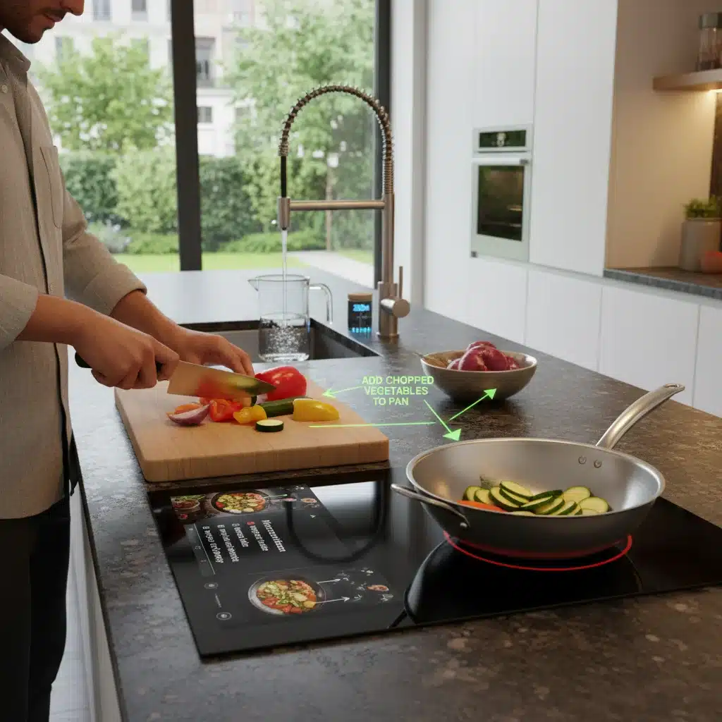 Interactive smart countertop with embedded cooktop and augmented reality recipe guidance