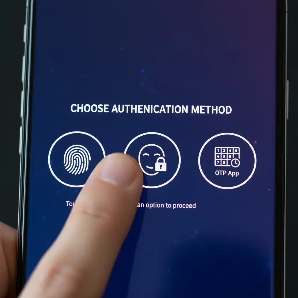 Smartphone displaying multi-factor authentication options like fingerprint and OTP