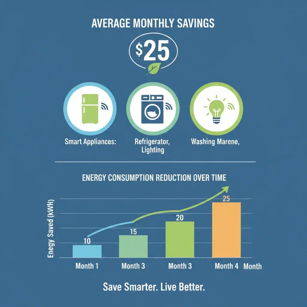 Infographic showing average monthly savings of from smart appliance usage, detailing energy reduction.