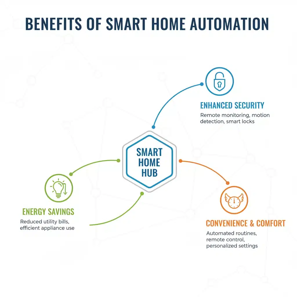 Infographic showing smart home benefits: energy savings, security, convenience, and home automation