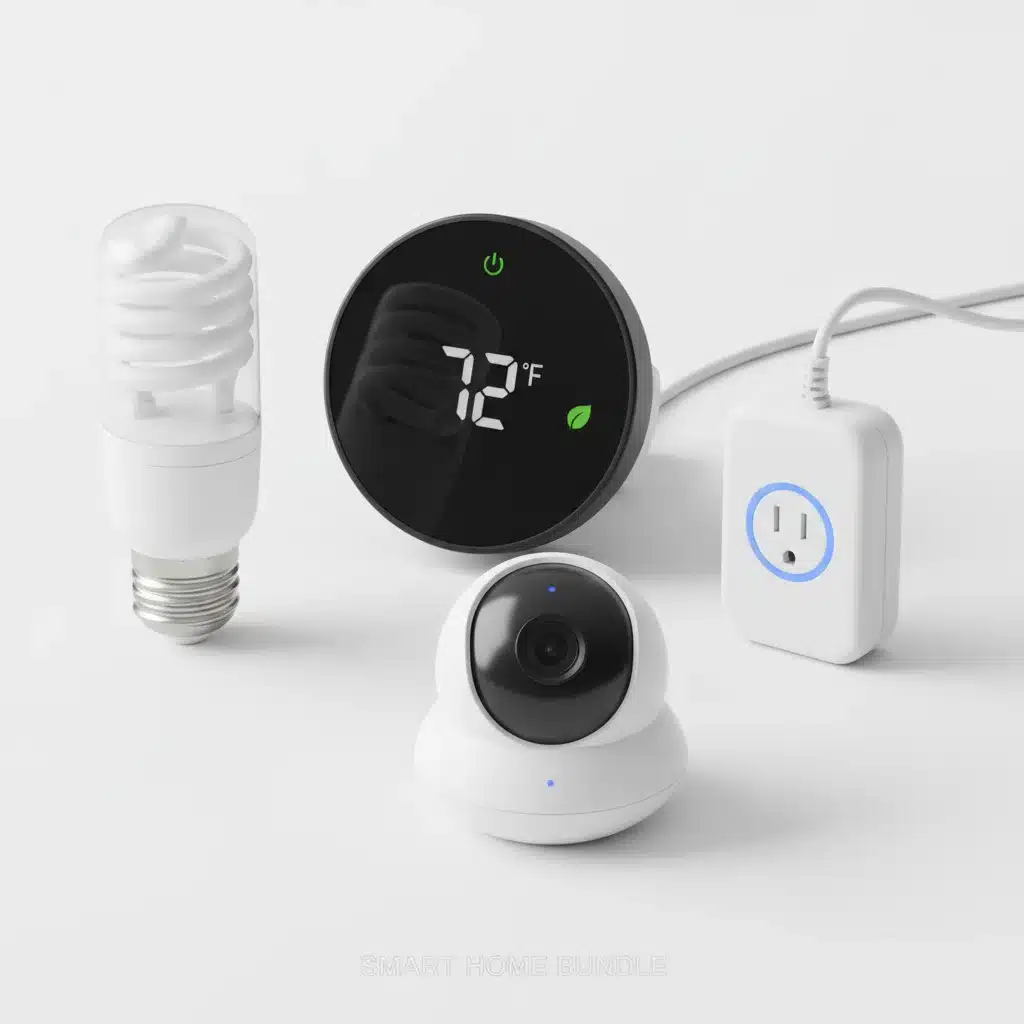 Assortment of smart home devices including thermostat, plug, light bulb, and camera for bundling