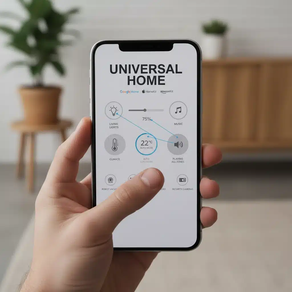 Hand controlling smart home devices via an app, illustrating ecosystem integration.