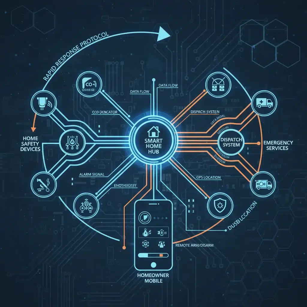 Diagram showing the interconnected network of smart home safety devices and emergency services.
