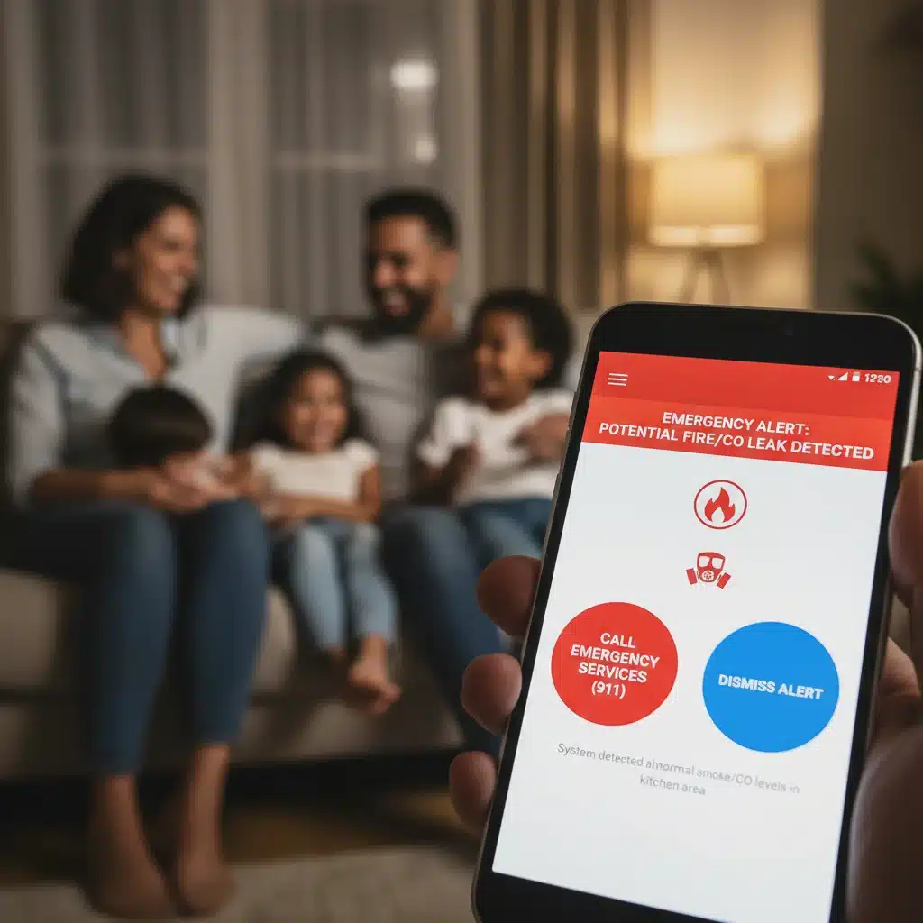Smartphone displaying smart home safety app alert for fire or carbon monoxide, with emergency contact options.