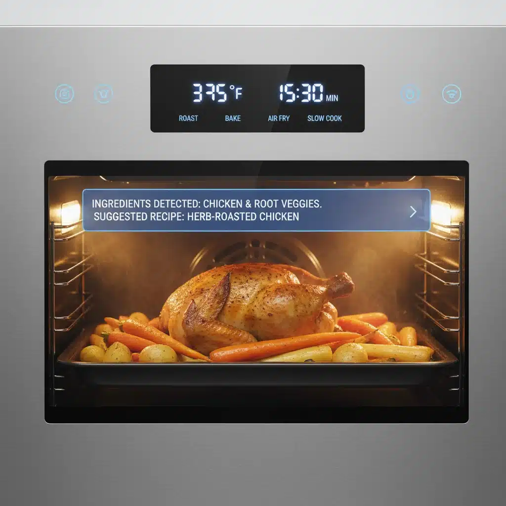 Smart oven interface showing precise controls and recipe suggestions