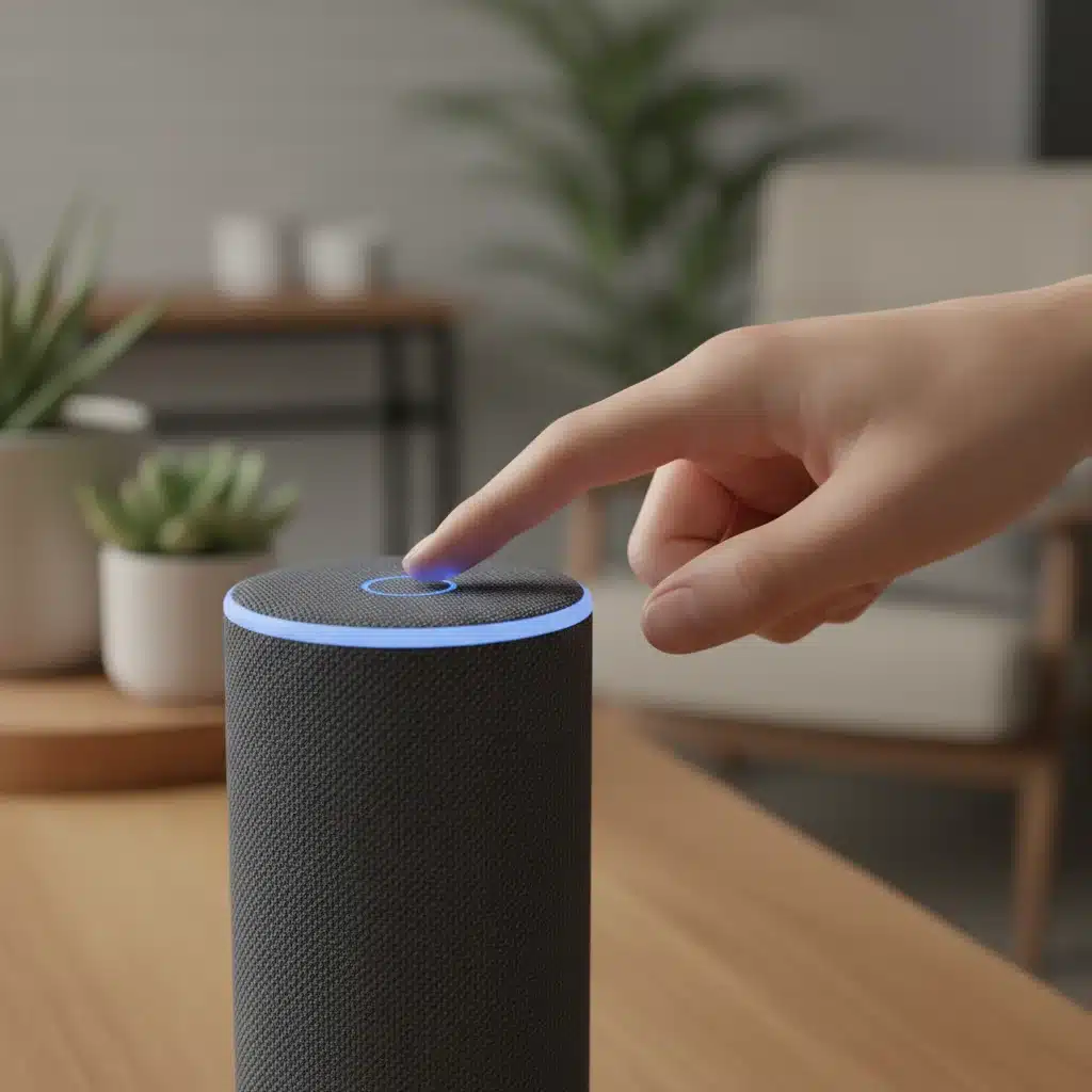 Hand interacting with a smart speaker for home control and voice commands.