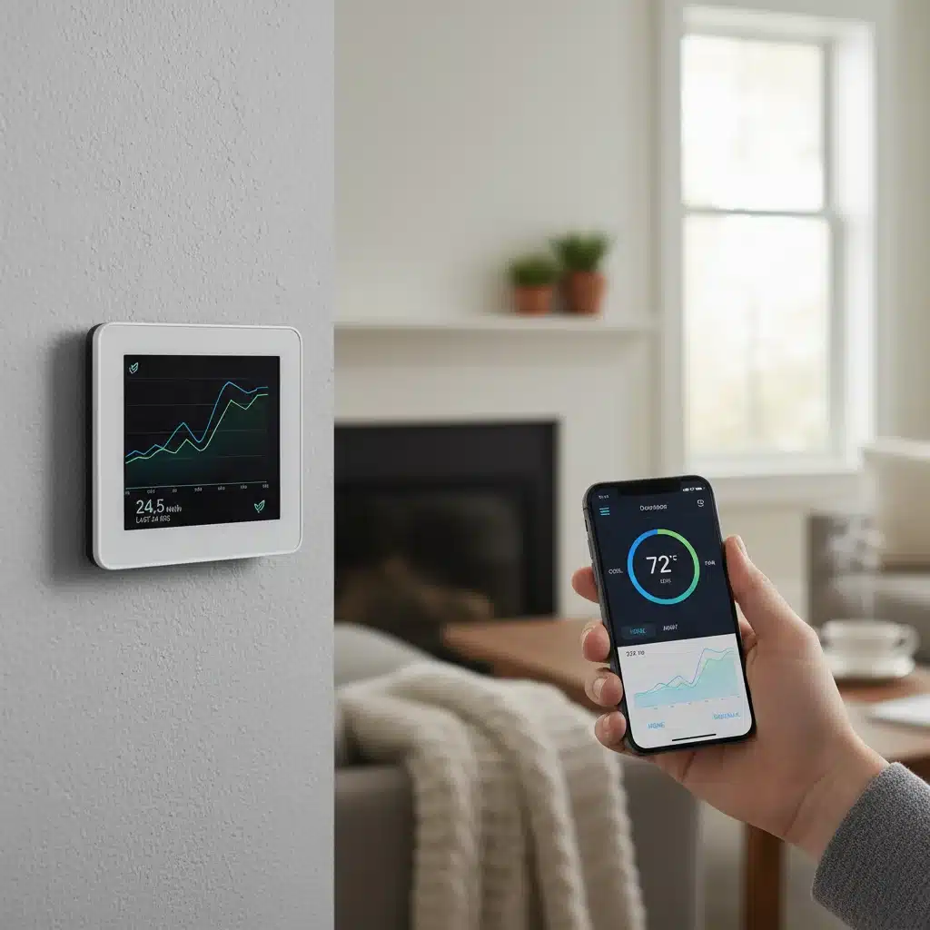 Smart thermostat displaying energy usage data, controlled via a smartphone app for optimal home climate.
