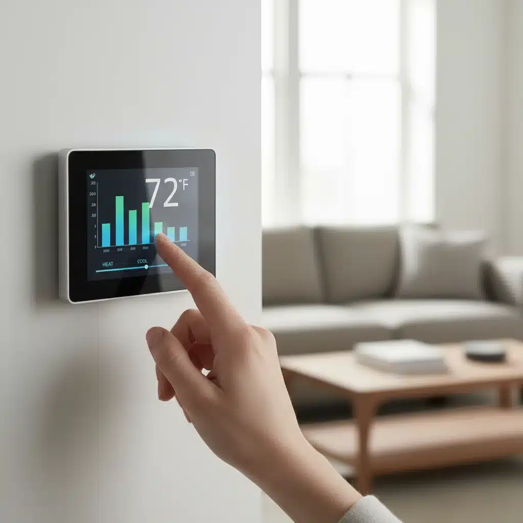Modern smart thermostat displaying energy usage data