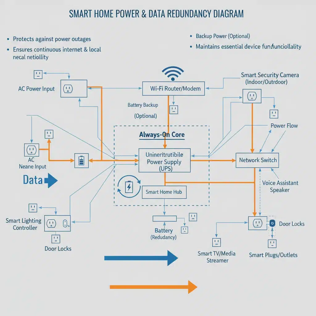 Diagram showing UPS connected to smart home hub and critical devices for backup power.