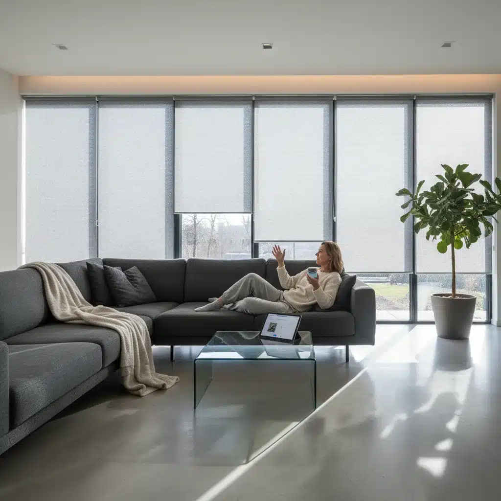 Woman using voice assistant to control smart blinds in living room